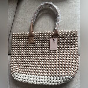 NWT Sincerely Jules Tan and White Woven Large Tote Bag  White/Brown/Beige